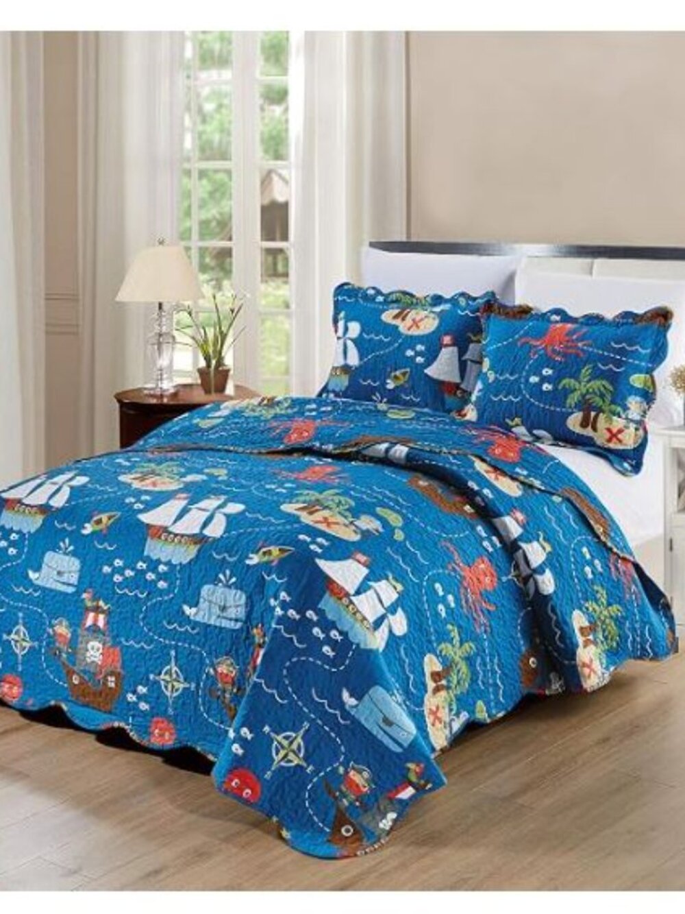 PLAYFUL Kids Zone Home Linen Full Quilted Bedspread Set Pirate Ocean Ships Whale